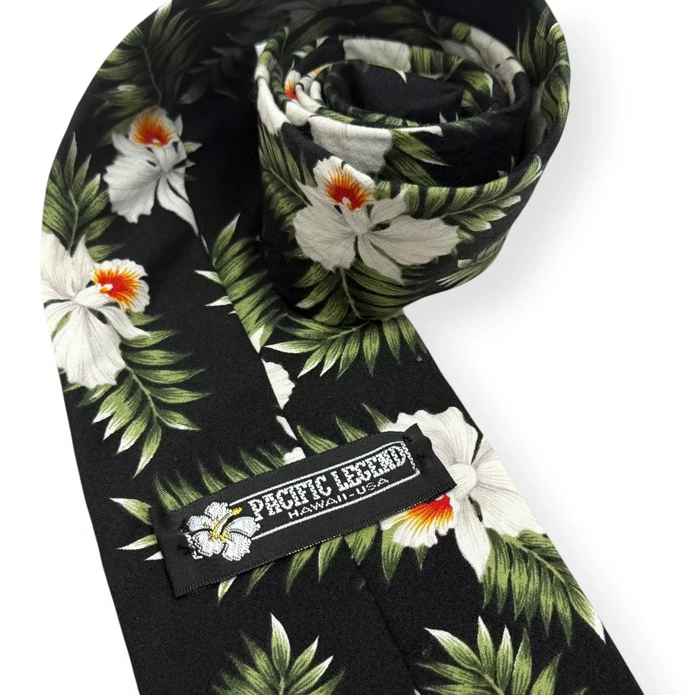 VTG Pacific Legend Hawaii USA Made Tie Black Tropical‎ Print Retro Vacation